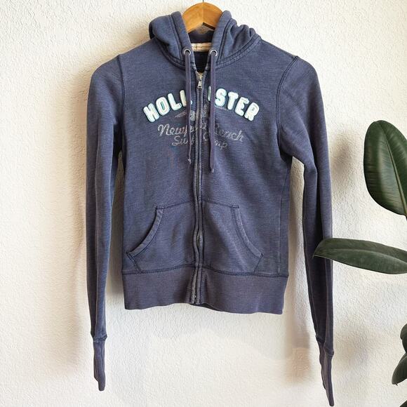 Hollister Y2K Hoodie Zip Up Jacket Medium Hooded Lightweight Logo Distressed - Picture 1 of 6